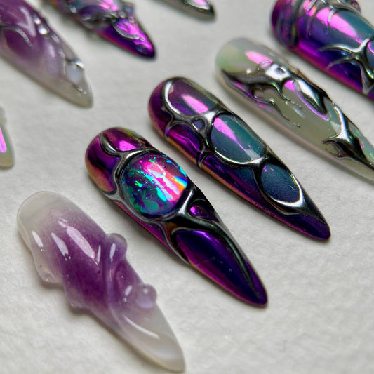Fairy Nebula Green Purple Chrome Press-On Nails, Iridescent Galaxy Shimmer Fake Nails