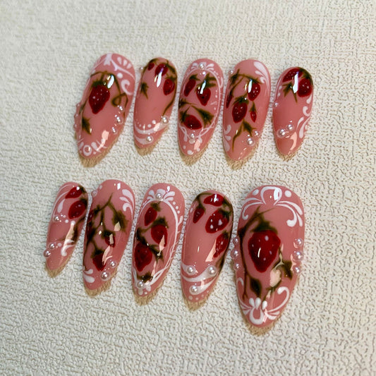Strawberries Press On Nails, Cute Floral Pink Strawberry Nails