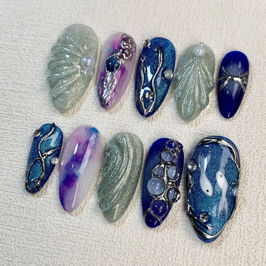 Blue Press On Nails, Vacation Beach Nails, Spring Summer Nails For Girls