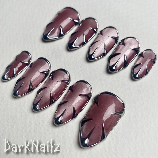 Pink Cat Eye Press-On Nails, Chrome Armor Gothic Fake Nails in Metallic Rose