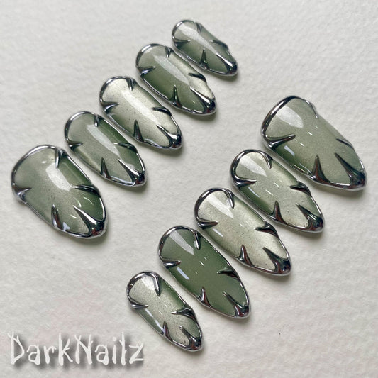 Light Green Cat Eye Press-On Nails, Chrome Armor Gothic Fake Nails in Pale Metallic