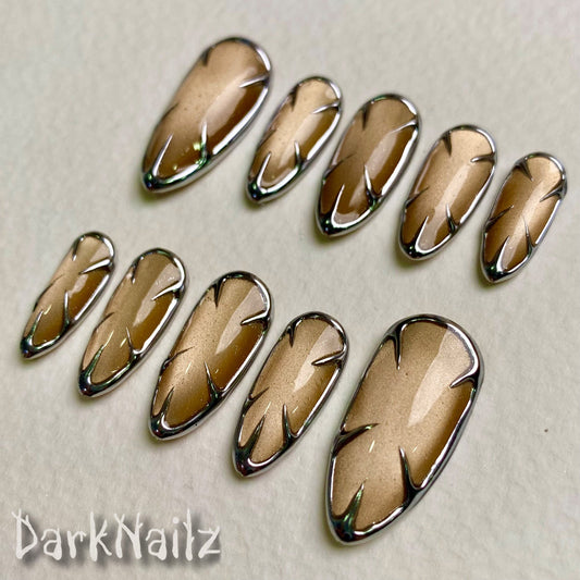Amber Cat Eye Press-On Nails, Chrome Armor Gothic Fake Nails in Metallic Gold