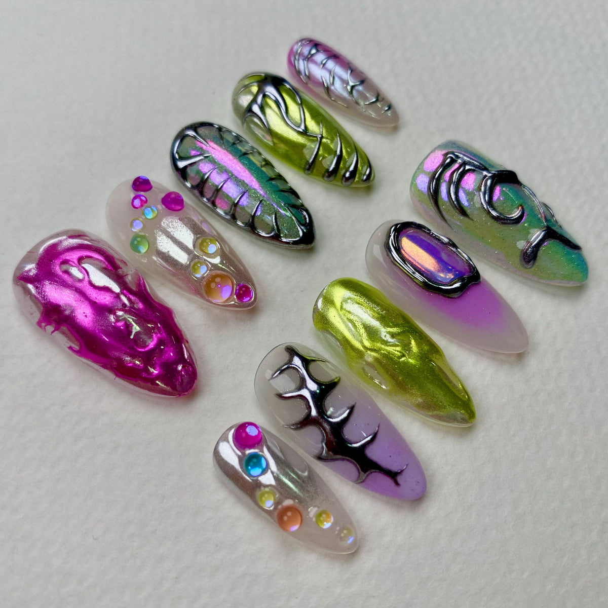Prism Crush Press-On Nails – Iridescent Y2K Fake Nails with Chrome Details & Jelly Accents