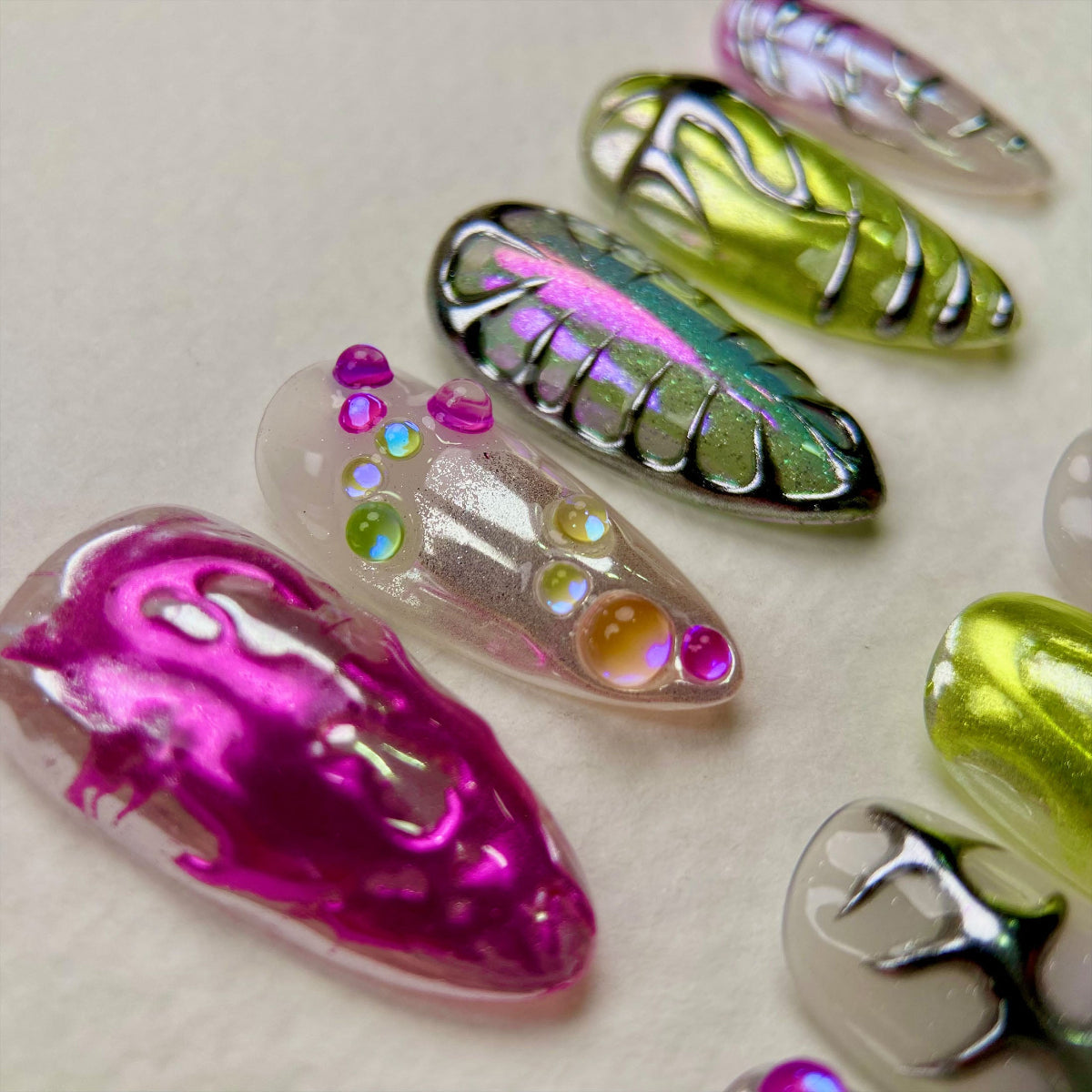 Prism Crush Press-On Nails – Iridescent Y2K Fake Nails with Chrome Details & Jelly Accents