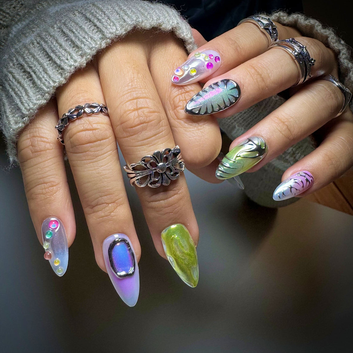 Prism Crush Press-On Nails – Iridescent Y2K Fake Nails with Chrome Details & Jelly Accents