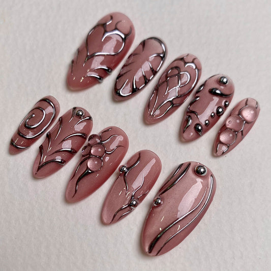 Rosé Catlight Chrome Press On Nails, Pink Glazed Cute Fake Nails