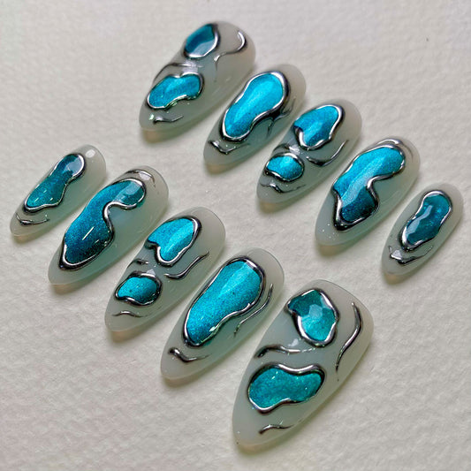 Aqua Bloom Chrome Press On Nails, Teal Silver Accent Fake Nails for a Fresh Glow