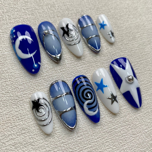 Custom Blue Press On Nails, Y2K Moon Stars Fake Nails, Darknailz