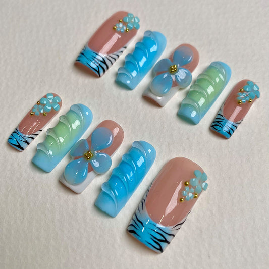 Ocean Bloom Pastel Press On Nails, Cute Blue Green Floral Fake Nails with Zebra Tips
