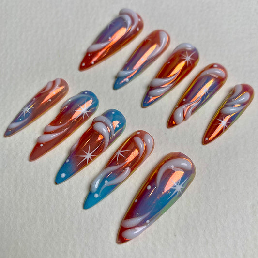Candy Comet Swirl Press On Nails, Cute Holographic Galaxy Fake Nails in Orange Blue