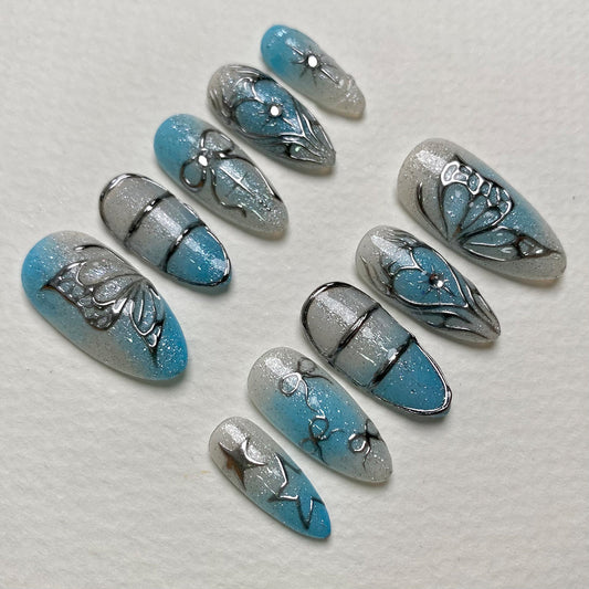 Frostbite Heart Blue Glitter Press On Nails, Cute Silver Bow Fake Nails