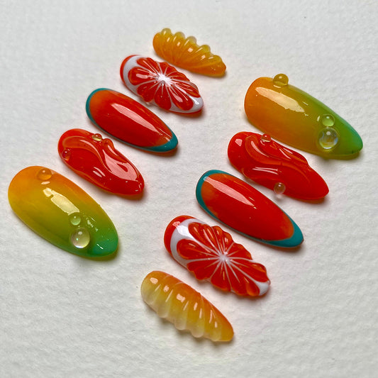 Citrus Pop Orange Red Press On Nails, Cute Summer Fake Nails with 3D Fruit and Gradient Design
