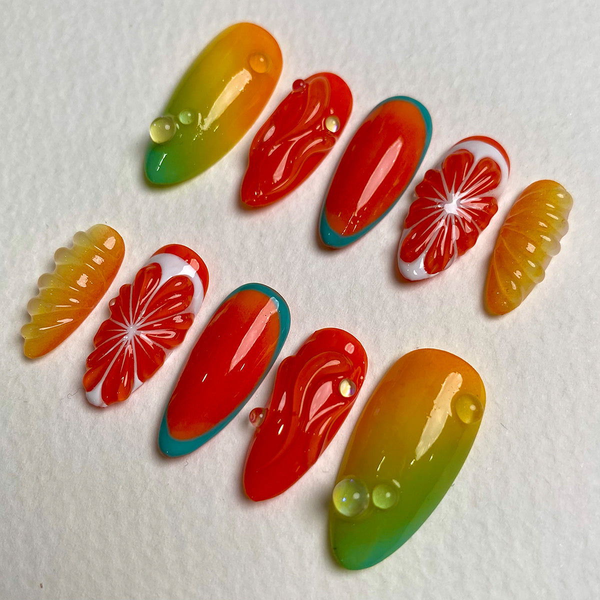Citrus Pop Orange Red Press On Nails, Cute Summer Fake Nails with 3D Fruit and Gradient Design