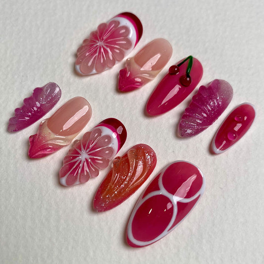 Cherry Bloom Pink Red Press On Nails, Cute Summer Fake Nails with 3D Fruit and Floral Design