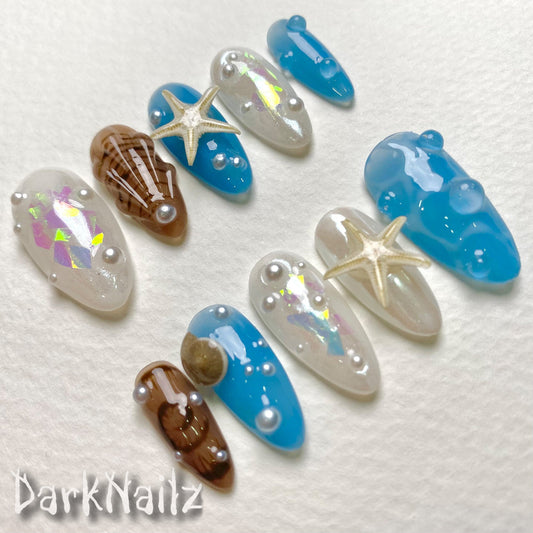 Beach Press On Nails, Starfish Snails Spring Summer Sea Vacation Press On Nails