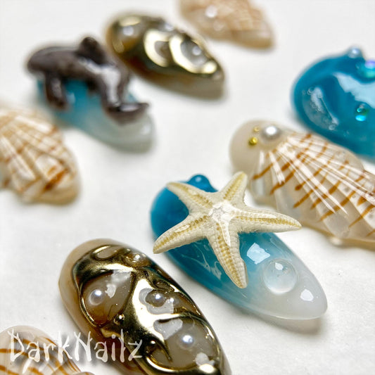 Ocean Blue Press-On Nails, 3D Shark Shell Gothic Fake Nails with Starfish