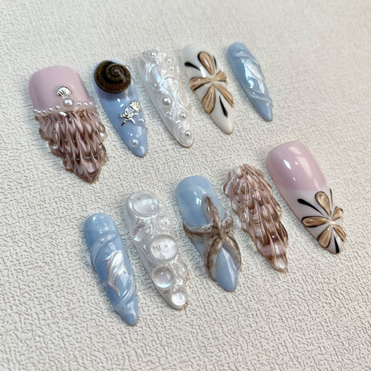 Pink Blue Sea Press On Nails, Starfish Snails Shells Spring Summer Sea Vacation Press On Nails