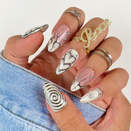 White Press On Nails, Gothic Punk Rock Nails, Goth Silver Mirror Effect With Nude French DarkNailz