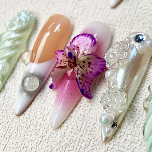 Orchids Press On Nails, Light Trending Flowers Press On Nails