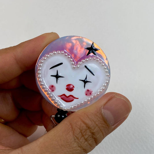 Cute Clown Badge Reel – Handmade Harlequin Retractable ID Holder, Whimsical Pearl Badge Reel for Nurses & Teachers