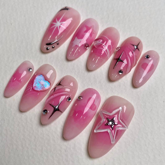 Stargirl Blush Pink Heart Star Press-On Nails, Chrome Sparkle Cute Fake Nails