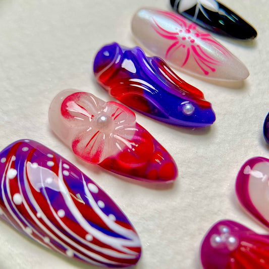 Electric Petal Shock Pop Art Press-On Nails, Red & Blue 3D Flower Fake Nails