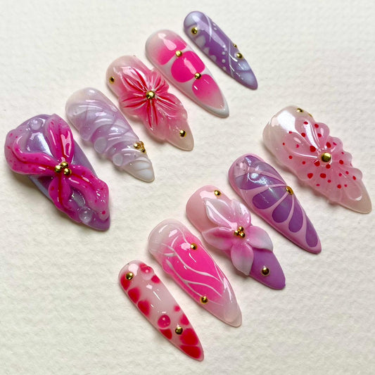 Lollipop Bloom Purple Pink Press-On Nails, 3D Bow & Flower Cute Fake Nails