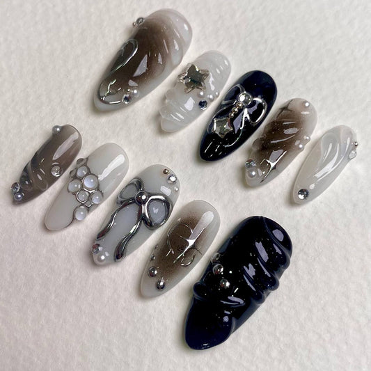 Moonshadow Starry Grey Ribbon Press-On Nails, Black & Silver 3D Gothic Fake Nails