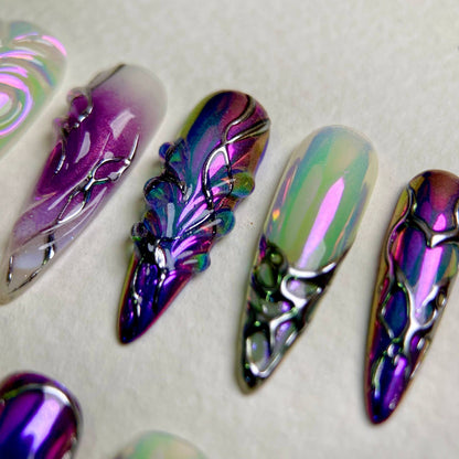 Fairy Nebula Green Purple Chrome Press-On Nails, Iridescent Galaxy Shimmer Fake Nails