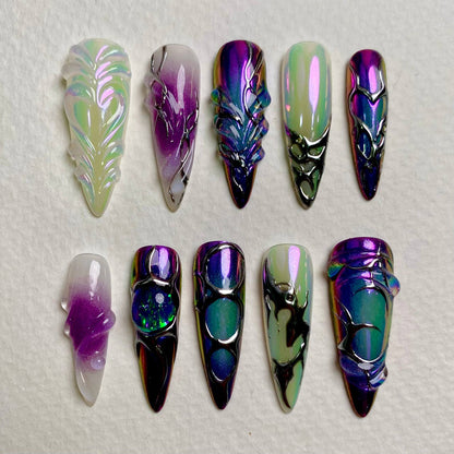 Fairy Nebula Green Purple Chrome Press-On Nails, Iridescent Galaxy Shimmer Fake Nails