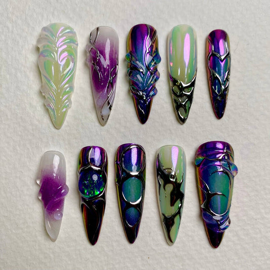 Fairy Nebula Green Purple Chrome Press-On Nails, Iridescent Galaxy Shimmer Fake Nails