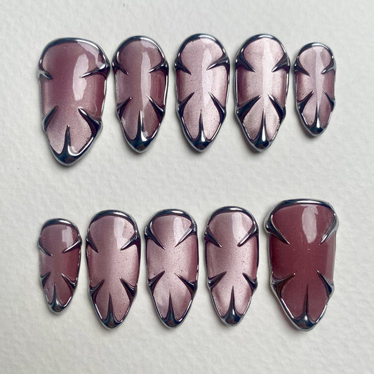 Pink Cat Eye Press-On Nails, Chrome Armor Gothic Fake Nails in Metallic Rose
