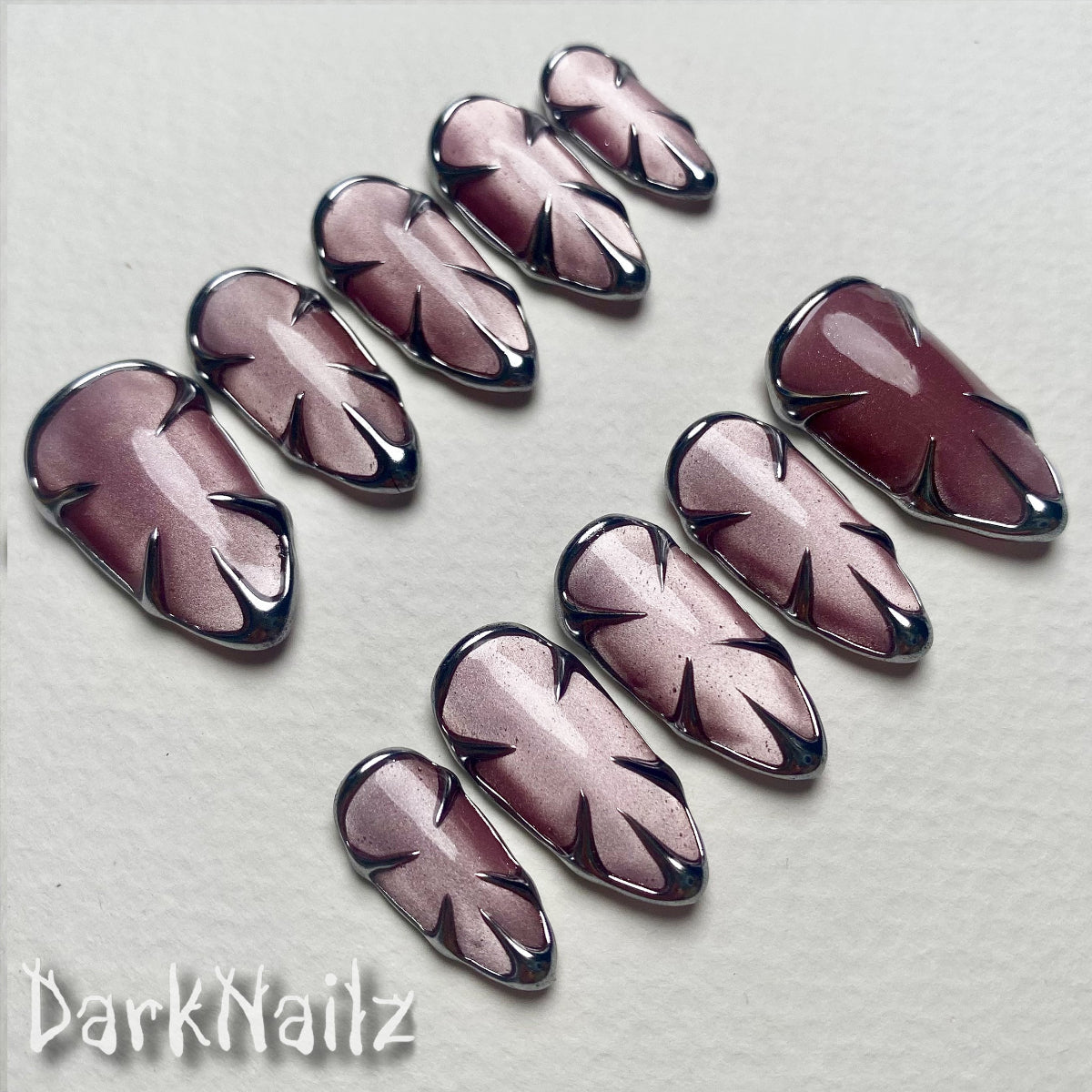 Pink Cat Eye Press-On Nails, Chrome Armor Gothic Fake Nails in Metallic Rose