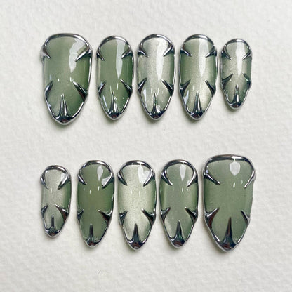 Light Green Cat Eye Press-On Nails, Chrome Armor Gothic Fake Nails in Pale Metallic