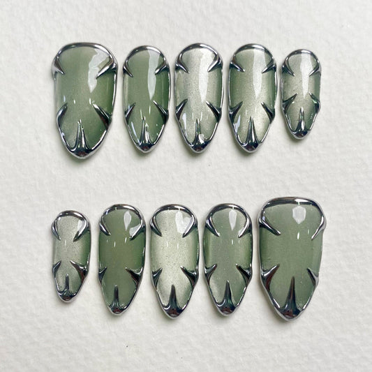 Light Green Cat Eye Press-On Nails, Chrome Armor Gothic Fake Nails in Pale Metallic