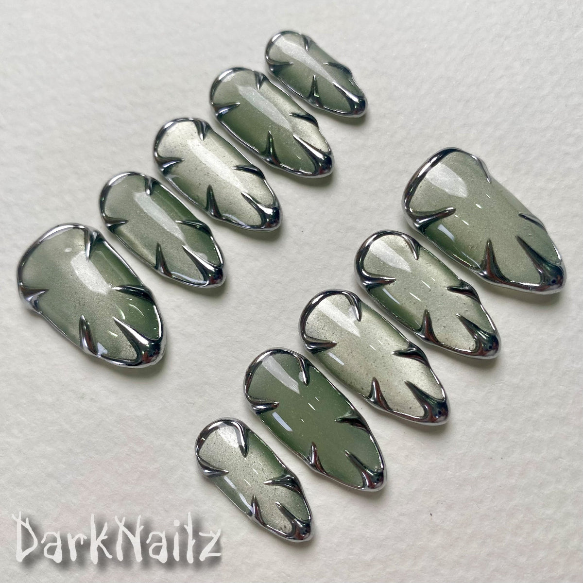 Light Green Cat Eye Press-On Nails, Chrome Armor Gothic Fake Nails in Pale Metallic