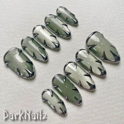 Light Green Cat Eye Press-On Nails, Chrome Armor Gothic Fake Nails in Pale Metallic