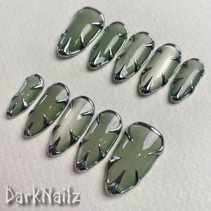 Light Green Cat Eye Press-On Nails, Chrome Armor Gothic Fake Nails in Pale Metallic