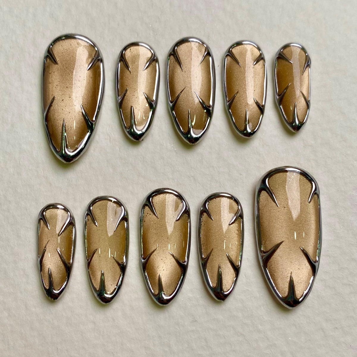 Amber Cat Eye Press-On Nails, Chrome Armor Gothic Fake Nails in Metallic Gold