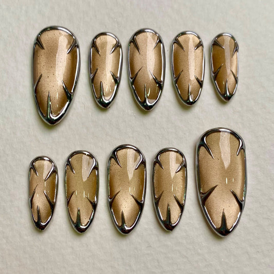 Amber Cat Eye Press-On Nails, Chrome Armor Gothic Fake Nails in Metallic Gold