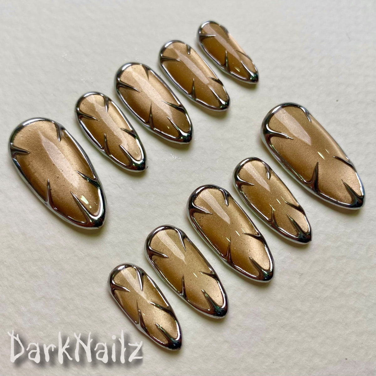 Amber Cat Eye Press-On Nails, Chrome Armor Gothic Fake Nails in Metallic Gold