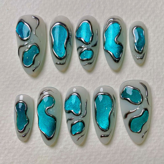 Aqua Bloom Chrome Press On Nails, Teal Silver Accent Fake Nails for a Fresh Glow