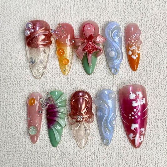 Orchids Press On Nails, Light Floral Flowers Press On Nails