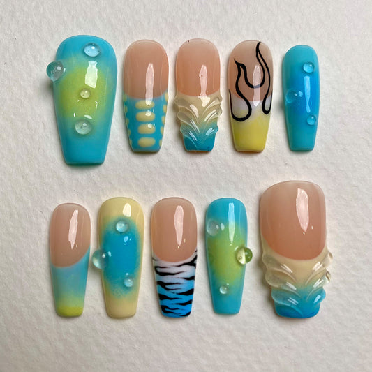 Blue Lemonade Summer Press On Nails, Ocean Cute Fake Nails with Gradient and Jelly Drops