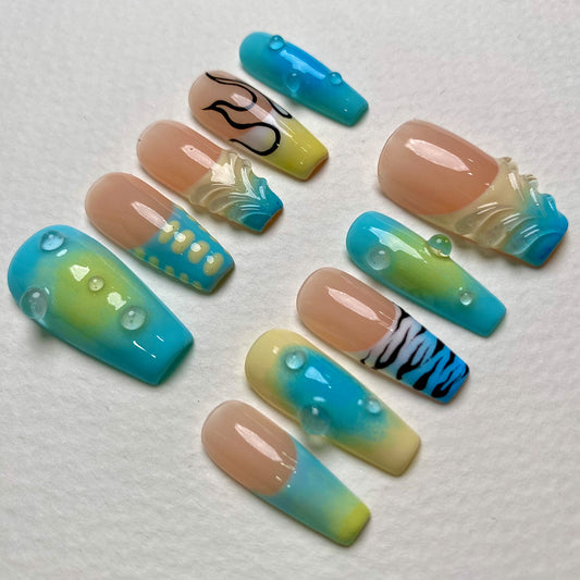 Blue Lemonade Summer Press On Nails, Ocean Cute Fake Nails with Gradient and Jelly Drops