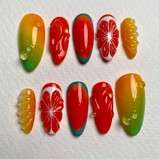 Citrus Pop Orange Red Press On Nails, Cute Summer Fake Nails with 3D Fruit and Gradient Design