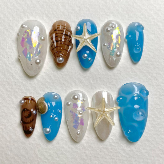 Beach Press On Nails, Starfish Snails Spring Summer Sea Vacation Press On Nails