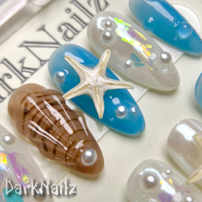 Beach Press On Nails, Starfish Snails Spring Summer Sea Vacation Press On Nails