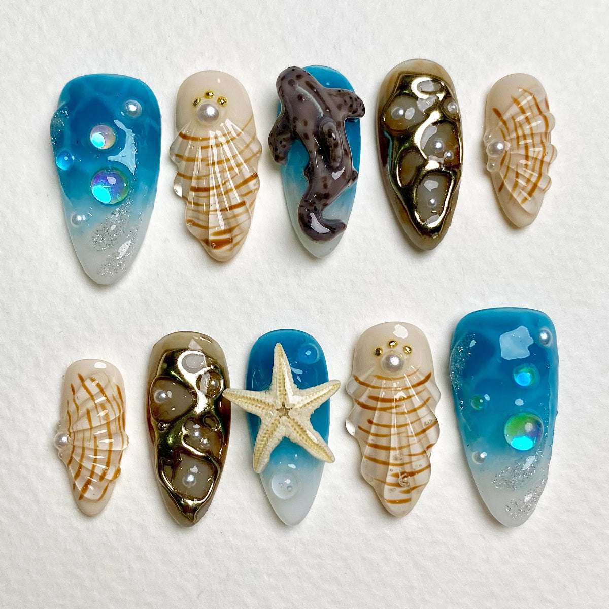 Ocean Blue Press-On Nails, 3D Shark Shell Gothic Fake Nails with Starfish