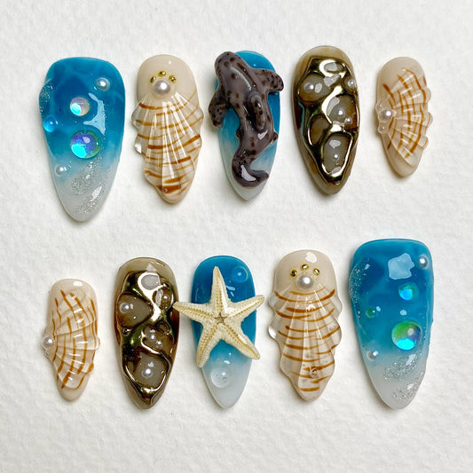 Ocean Blue Press-On Nails, 3D Shark Shell Gothic Fake Nails with Starfish